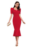 Women's Red Puff MIDI Bodycon Dress