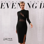 ADYCE Sexy Black Lace Hollow Out Midi Club Long Sleeve Bodycon Bandage Party Dress - H7074