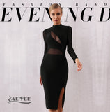 ADYCE Sexy Black Lace Hollow Out Midi Club Long Sleeve Bodycon Bandage Party Dress - H7074