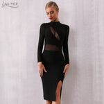 ADYCE Sexy Black Lace Hollow Out Midi Club Long Sleeve Bodycon Bandage Party Dress - H7074