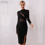 ADYCE Sexy Black Lace Hollow Out Midi Club Long Sleeve Bodycon Bandage Party Dress - H7074