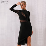 ADYCE Sexy Black Lace Hollow Out Midi Club Long Sleeve Bodycon Bandage Party Dress - H7074