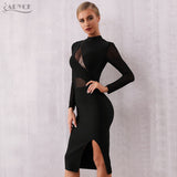 ADYCE Sexy Black Lace Hollow Out Midi Club Long Sleeve Bodycon Bandage Party Dress - H7074