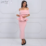 ADYCE Bow & Ruffles Ankle Length Bodycon Slash Neck Short Sleeve Party Dress - Y2008