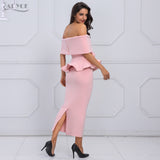 ADYCE Bow & Ruffles Ankle Length Bodycon Slash Neck Short Sleeve Party Dress - Y2008