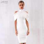 ADYCE Elegant White Off Shoulder Sexy Draped Halter Bodycon Midi Party Dress - Y4233