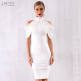 ADYCE Elegant White Off Shoulder Sexy Draped Halter Bodycon Midi Party Dress - Y4233