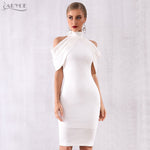 ADYCE Elegant White Off Shoulder Sexy Draped Halter Bodycon Midi Party Dress - Y4233