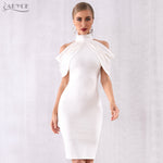 ADYCE Elegant White Off Shoulder Sexy Draped Halter Bodycon Midi Party Dress - Y4233