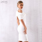 ADYCE Elegant White Off Shoulder Sexy Draped Halter Bodycon Midi Party Dress - Y4233