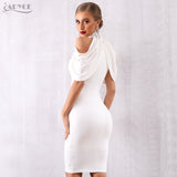 ADYCE Elegant White Off Shoulder Sexy Draped Halter Bodycon Midi Party Dress - Y4233